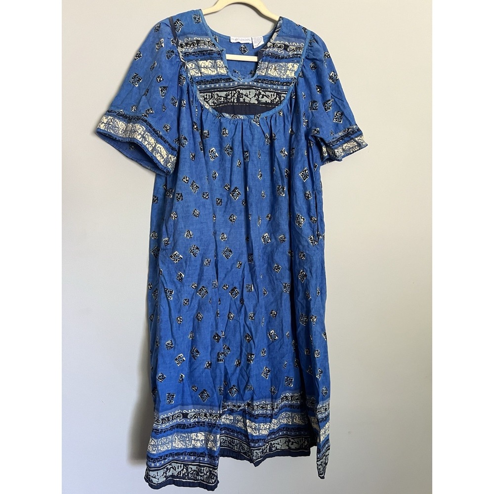 100% Cotton Block Print Mumu House Midi Dress Boho Pockets Size Medium Prairie